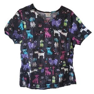 🌸ScrubStar Dark Gray Multi-Color Cute Dogs Short Sleeve Scrub Top